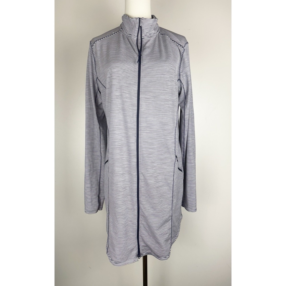 Duluth Trading Women's Athleisure Navy Blue Stripe Pier Genius Full Zip Tunic L